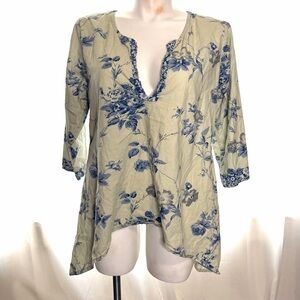 Signals Blue Floral Cotton Tunic Top Size 1X Bohemian Lagenlook Resortwear